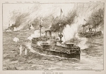 Bitwa nad rzeką Yalu, 1894, ilustracja z „Bitwy XIX wieku” autorstwa Archibalda Forbesa, G.A. Henty i major Arthur Griffiths