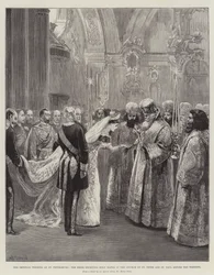 Ślub cesarski w Petersburgu, panna młoda przed ślubem otrzymuje wodę święconą w kościele św.