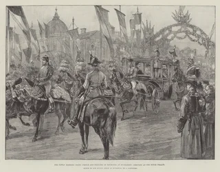 Nowo poślubiony Książę i Księżniczka Rumunii w Bukareszcie, przyjazd do Pałacu Królewskiego