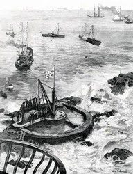 Książę Walii i książę Edynburga kładą kamień węgielny pod nową latarnię morską Eddystone, ilustracja z „The Illustrated London News”, 1879