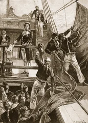 Bunt w Spithead: ciągnięcie czerwonej flagi na „Royal George”, 1797, ilustracja z „Ilustrowanej historii Anglii Cassella” (zdjęcie w sepii)
