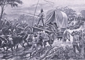 Zulu War: Estowe Relief Force przekraczające strumień, kwiecień 1879, ilustracja z brytyjskich bitew na lądzie i morzu, 1915