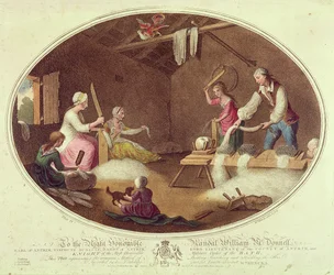 The Common Method of Beetling, Scutching and Hackling the Flax, tablica IV z "The Linen Manufactory of Ireland", 1791 (kolorowa litografia)