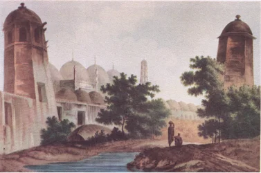 Widok meczetu Kutra zbudowanego przez Mir Jaffier w Murshidabad (Select Views in India 1786), z British Adventure opublikowanego przez Collins, 1947