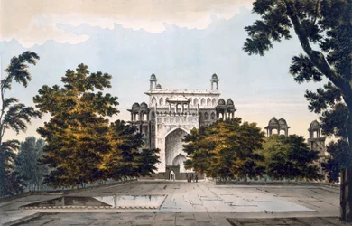Widok części grobowca cesarza Akbara w Secundru, 1785-88 (kolorowa akwatinta)