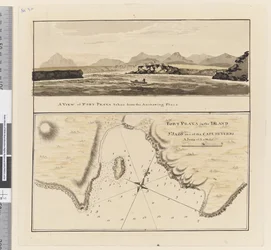 Strona 3a Mapa Port Praya na wyspie St Jago, Wyspy Zielonego Przylądka. Zatytułowany „Port Praya na wyspie St Jago jeden z Cape de Verds sic Skala od 2 do 1/2 mili” / Widok Port Praya wzięty z miejsca zakotwiczenia”.