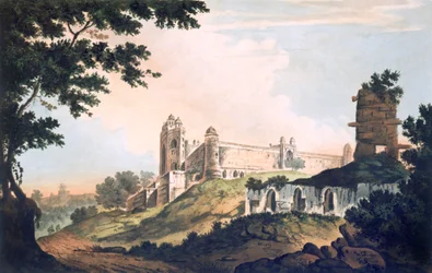 Pl. 12 Widok na meczet w Futtipoor Sicri, z „Select Views in India”, wyd. 1785-88 (akwaforta kolorowa z akwatintą)