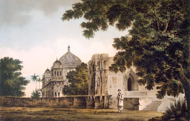 Pl. 18 Widok na meczet w Mounheer od strony południowo-wschodniej, z „Select Views in India”, wyd. 1780-83 (akwaforta kolorowa z akwatintą)