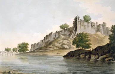 Pl. 33 A View of the Fort of Ilionpoor upon the Banks of the River Goomty z "Select Views in India", pub. 1785-88 (akwaforta barwna z akwatintą)