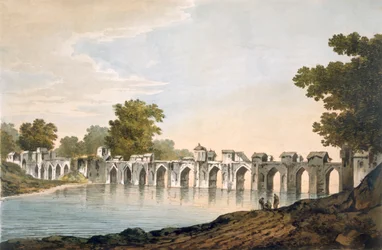 Pl. 34 Widok na most w Ilionpoor nad rzeką Goomty z „Wybierz widoki w Indiach”, wyd. 1785-88 (akwaforta kolorowa z akwatintą)