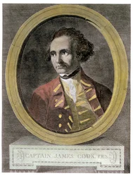 Portret kapitana Jamesa Cooka (1728-79), z frontyspisu „Podróż dookoła świata na biegun południowy” (późniejsza kolorystyka)