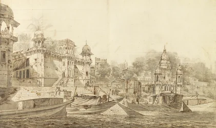 Widok części miasta Benares, ok. 1781 (szara farba z pędzlem i tuszem na papierze, na podkładzie)