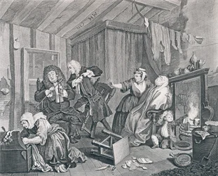 Postęp nierządnicy, płyta piąta: wygasa, podczas gdy lekarze dyskutują, 1732 (akwaforta i grawerowanie)