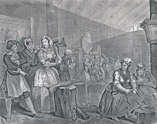 Postęp nierządnicy, płyta czwarta: Scena w Bridewell, 1732 (akwaforta i grawerowanie)