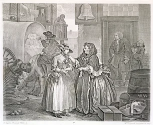 Postępy nierządnicy, plansza pierwsza: Uwięziona przez prostytutkę, 1732 (akwaforta i rycina)