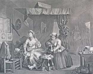 Postęp nierządnicy, płyta trzecia: Pojmany przez sędziego, 1732 (akwaforta i grawerowanie)
