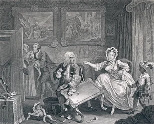 Postęp nierządnicy, płyta druga: Kłótnie z jej żydowskim obrońcą, 1732 (akwaforta i grawerowanie)