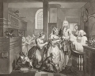 A Rake? S Progress, Tablica 5: Grabież poślubia starą kobietę / The Path of a Dissolute, Arkusz 5: Tom Rakewell poślubia bogatą starą kobietę). 1735