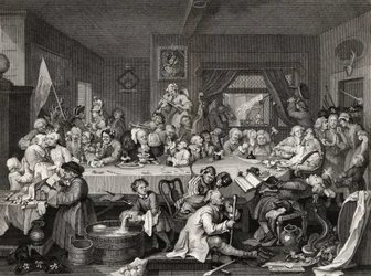 Rozrywka wyborcza, grawerowana przez T.E. Nicholson, z „Dzieła Williama Hogartha”, opublikowane w 1833 r.