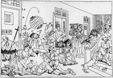 Zakład psychiatryczny Bedlam, rycina z postępów serii grabie, autorstwa Williama Hogartha (1697-1764)