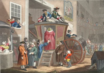Country Inn Yard, ilustracja z „Hogarth Restored: The Whole Works of the sławny William Hogarth, ponownie grawerowany przez Thomasa Cooka”, wyd. 1812 (grawerowanie ręcznie kolorowane)