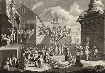 Emblematyczna grafika Morza Południowego, z "Dzieł Williama Hogartha", opublikowanych w 1833 r. (litografia)