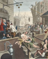 Gin Lane, ilustracja z „Hogarth Restored: The Whole Works of the sławny William Hogarth, ponownie grawerowany przez Thomasa Cooka”, wyd. 1812 (grawerowanie ręcznie kolorowane)