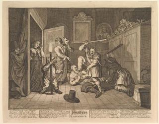 Hudibras katechizował dwanaście dużych ilustracji dla Samuela Butlersa Hudibras, tablica 9, 1725-68.