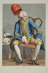 John Wilkes Esq., ilustracja z „Hogarth Restored: The Whole Works of the sławnego Williama Hogartha, ponownie grawerowane przez Thomasa Cooka”, wyd. 1812 (grawerowanie ręcznie kolorowane)