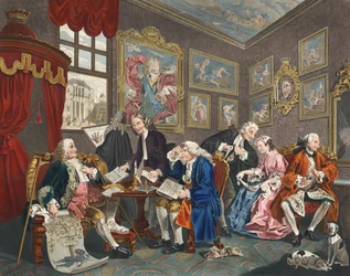 Marriage a la Mode, ilustracja I, The Marriage Settlement, ilustracja z „Hogarth Restored: The Whole Works of the sławnego Williama Hogartha, ponownie grawerowane przez Thomasa Cooka”, wyd. 1812 (ręcznie kolorowane engr