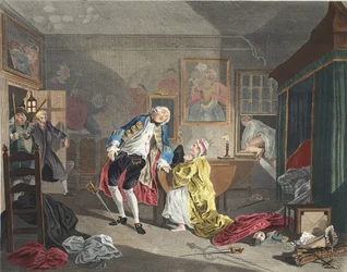 Małżeństwo a la Mode, ilustracja V, Bagnio, ilustracja z „Hogarth Restored: The Whole Works of the sławnego Williama Hogartha, ponownie grawerowane przez Thomasa Cooka”, wyd. 1812 (grawerowanie ręcznie kolorowane)