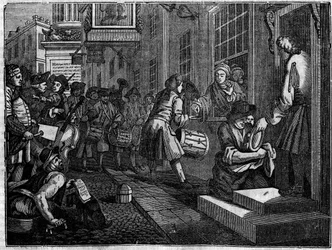 Talerz z serii 12 rycin Williama Hogartha (1697-1764), brytyjskiego ilustratora, zatytułowanego „Przemysł i bezczynność”, „Zele i lenistwo”, opowiadającego o karierach dwóch uczniów: ślub Goodchilda z córką swojego mistrza tkactwa