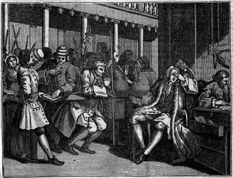 Talerz z serii 12 rycin autorstwa brytyjskiego ilustratora Williama Hogartha (1697-1764), zatytułowany „Przemysł i bezczynność”, „Zele i lenistwo”, opowiadający o karierze dwóch uczniów: Thomas Idle, winny swoich wad, był sędzia Goodchild, został ju