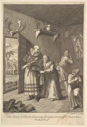 Wikariusz i fryzjer przebierają się, by przekazać Don Kichota Dom Szósty I..., 1756 lub później.