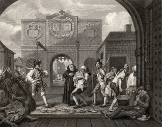Brama Calais, czyli o pieczonej wołowinie starej Anglii, z "Dzieł Williama Hogartha", opublikowanych w 1833 r.