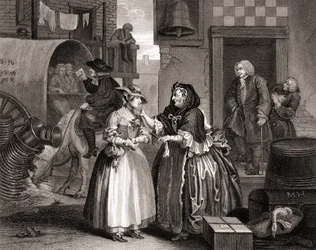 The Harlots Progress usidlony przez nabywcę, z The Works of Hogarth opublikowanej w Londynie 1833 (bw grawerowanie)