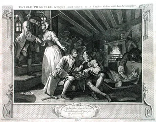 Bezczynny „Uczeń zdradzony przez prostytutkę”, tablica IX „Przemysł i bezczynność”, wydana w 1833 r. (rycina)