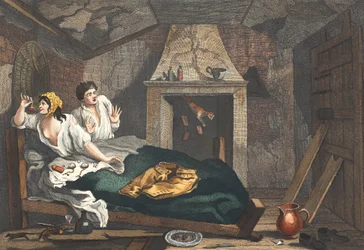 Bezczynny „Uczeń powrócił z morza i na poddaszu ze zwykłą prostytutką”, tablica VII „Przemysł i bezczynność”, ilustracja z „Przywrócone Hogarth: Całe dzieła sławnego Williama Hoga