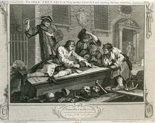 Bezczynność „Uczeń w zabawie na dziedzińcu kościelnym podczas nabożeństwa, tablica III „Przemysł i bezczynność”, opublikowana w 1833 r.