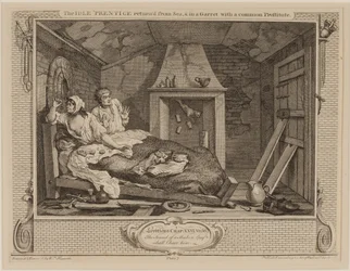 Bezczynny „powrót ucznia” z morza i na poddaszu ze zwykłą prostytutką, z serii „Przemysł i bezczynność”, październik 1747 (akwaforta i grawerowanie)