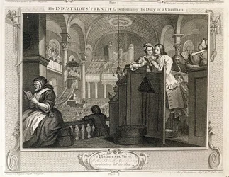 Pracowity „Prentice wykonujący obowiązki chrześcijanina”, tablica II „Przemysł i bezczynność”, wydana w 1833 r.
