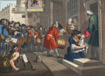 Pracowity „Prentice ze swoich czasów i żonaty z córką swego pana”, tablica VI „Przemysł i bezczynność”, ilustracja z „Hogarth Restored: The Whole Works of the sławny William Hoga
