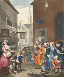 Pory dnia: południe, ilustracja z „Hogarth Restored: The Whole Works of the sławnego Williama Hogartha, ponownie grawerowane przez Thomasa Cooka”, wyd. 1812 (grawerowanie ręcznie kolorowane)