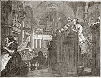 pracowity „Prentice pełniący obowiązki chrześcijanina”, z serii „Przemysł i bezczynność””, październik 1747 – Tabliczka z serii 12 rycin Williama Hogartha (1697-1764), brytyjskiego ilustratora, zatytułowana „Przemysł i bezczynność” ”, „Zele a