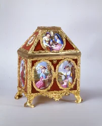 Szkatułka Jerzego III zawierająca zegarek z krawędzią w stylu Jamesa Coxa, ok. 1770 (metal złocony, emalia i verre-eglomise) (patrz także 741846)