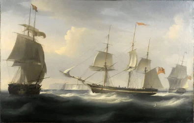 Statek "Delaford", zbudowany na Tamizie w 1788 r. na potrzeby handlu między Londynem (Anglia) a Indiami Wschodnimi. Olej na płótnie, około 1830 r., autorstwa Williama Johna Hugginsa (1781-1845).