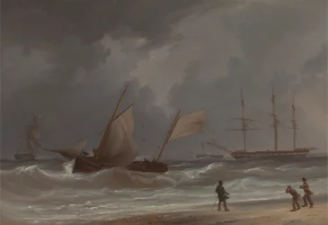 Lugger jadący na brzeg podczas wichury