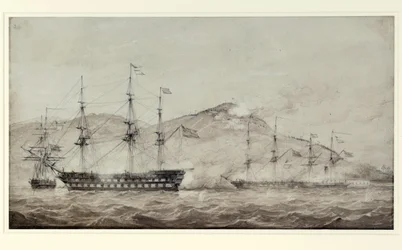 Statki HMS "Wellesley", "Columbine" i "Grisel" u wybrzeży Amoy (Chiny) w 1841 r. Lavis