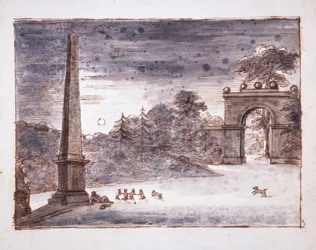 Chiswick, Burlington Lane Gate i obelisk w świetle księżyca z Kentem siedzącym przy śniącym obelisku i bawiącymi się królikami, ok. 1732 (pióro i atrament oraz pranie na papierze)