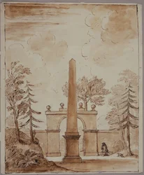 Chiswick, widok na Burlington Lane Gate, na pierwszym planie Obelisk i Kent z psem (pióro i atrament oraz pranie na papierze)